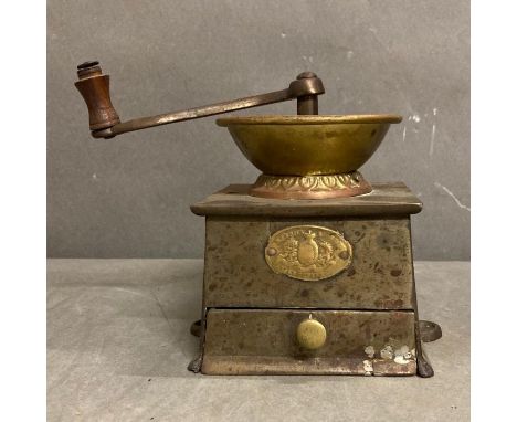 A vintage Kendrick cast iron and brass coffee grinder 