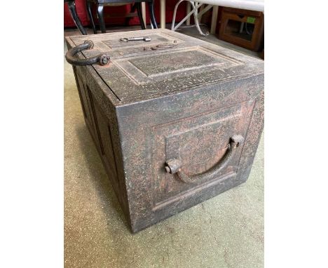 A vintage cast iron strong box with key 36x34x33 cm