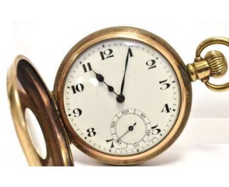 STAR DENNISON - HALF HUNTER POCKET WATCH White enamel dial, black Arabic numerals, sub dial,gilt casing - worn enamel to hour