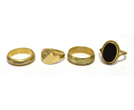 FOUR 9CT GOLD RINGS To include two signet rings, one fitted with black panel bezel. Ring sizes K,M, N &amp; N Total weight 13