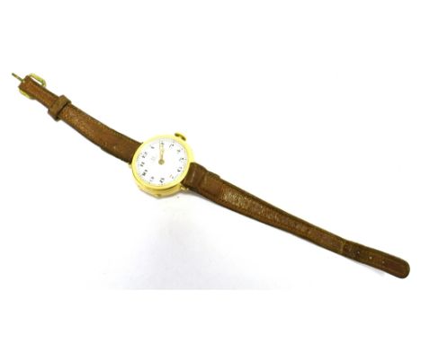 OMEGA ; VINTAGE GOLD  CASED LADIES WATCH Champagne dial, Black Arabic numerals Gilt baton, case gold,strap leather, case meas