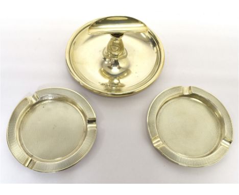 THREE SILVER ASHTRAYS  Comprising two engine turned ashtrays, hallmarked Birmingham 1936 maker D Bros, tray diameter 8cm. One