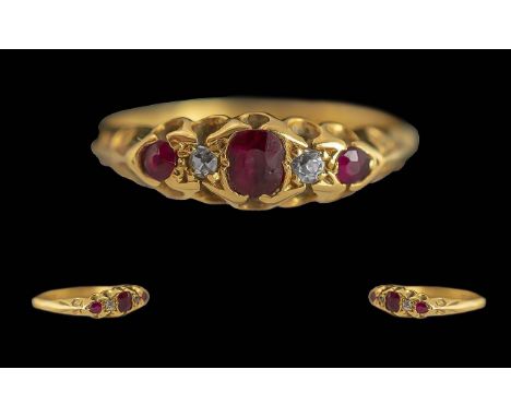 Antique Period Ladies 18ct Gold Pleasing Ruby & Diamond Set Ring, marked 18ct to interior of shank.  The rubies of excellent 