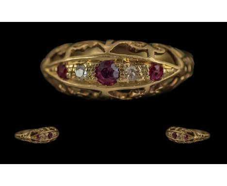 Antique Period Ladies 18ct Gold Ruby and Diamond Set Ring. Full Hallmark to Interior of Shank. Rubies / Diamonds of Pleasing 