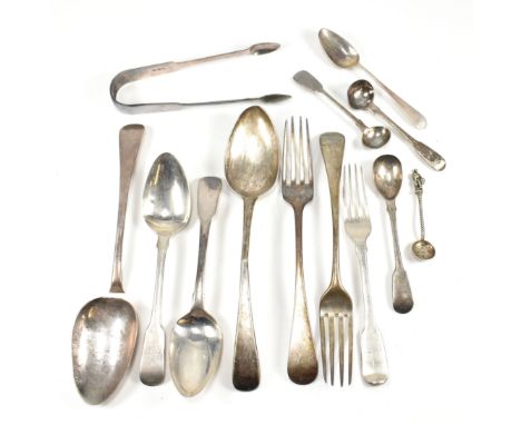 A collection of 19th century hallmarked silver flatware. To include George III spoons &amp; forks, sugar tongs, teaspoons, co