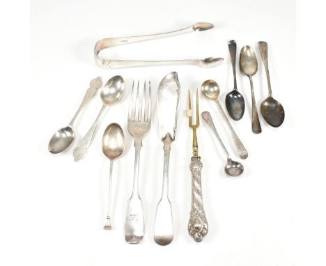 A collection of 19th and 20th century silver flatware. To include a George IV hallmarked London 1823 butter knife, makers mar