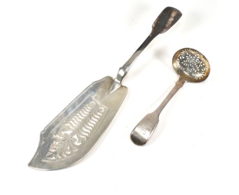 A Victorian hallmarked silver fish slice. Hallmarked London 1839, sponsors mark WE. Weight 135g. Together with a pierced ladl