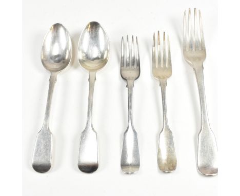 A Victorian 19th century hallmarked silver pair of table spoons. Hallmarked London 1847, sponsors mark for Charles Lias. Also