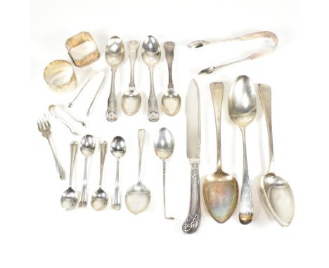 A George III hallmarked silver serving spoons. Hallmarked London, sponsors mark for GB &amp; GS. Together with a set of 4 hal