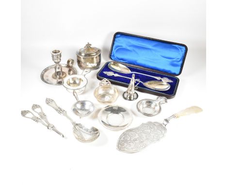 A cased set of 19th century white metal serving table spooons in presentation case. Together with a 19th century grape scisso