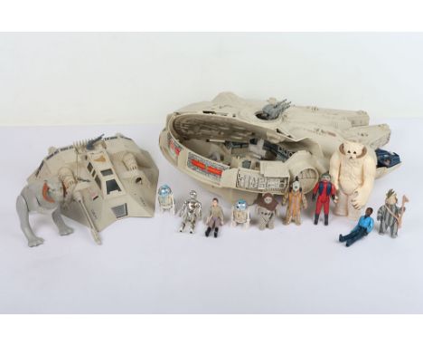 Vintage Star Wars Vehicles and Action Figures Kenner, Including A Millenium Falcon missing parts, Snow Speeder one front gun,