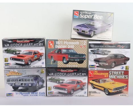 Seven Model Car kits 1:25 1:24 Scale AMT Ertl, MPC Ertl, Revell,  all new in box.  Including 1971 Plymouth Duster 340, 68 Dod
