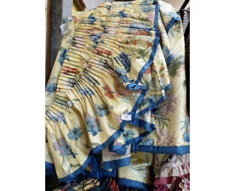 Lemon blue floral silk curtains, two pairs and accessories