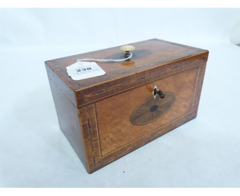 A Regency period satinwood two division tea caddy, crossbanded and inlaid, the lid with ivory finial. 8' wide