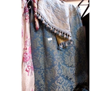 Two pairs of blue green damask curtains and accessories