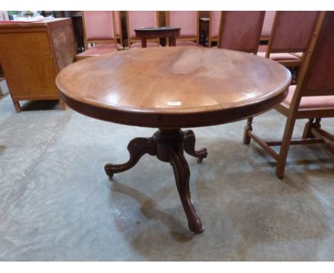 A Victorian snap-top supper table on turned column and tripod cabriole support. 42'' diameter