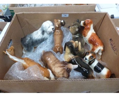 A box of ceramic dogs and a Beswick horse (A.F.)