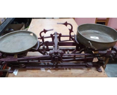 A set of 19th century weighing scales by Friedann, Budapest. 26' wide