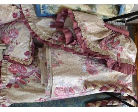Two pairs of fuschia oatmeal silk curtains and accessories