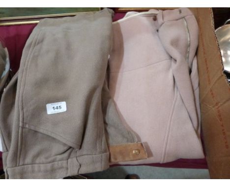 Two pairs of vintage wood hunting breeches, Lesley Bowden, Epsom