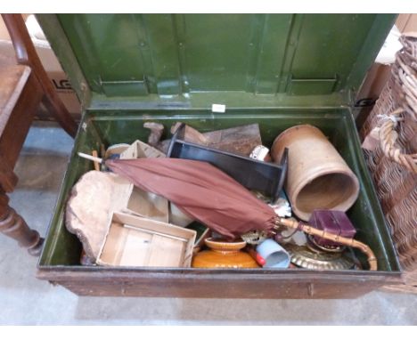 A tin trunk containing metalware and sundries