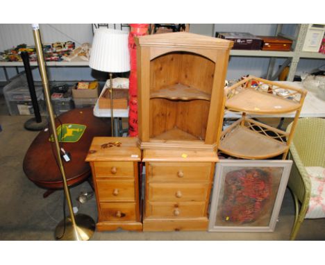 A pine bedside chest fitted three drawers and a smaller similar; together with a pine corner wall shelf 