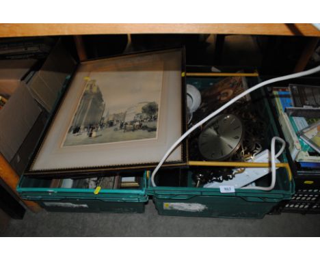 Two boxes containing various sundry items to include wall clock; prints; typewriter etc.