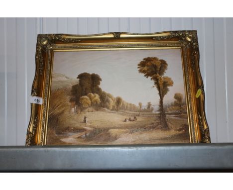 A print on canvas depicting a rural scene in gilt frame