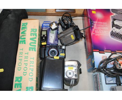 A quantity of various cameras to include Olympus; Nikon; a Sony camcorder; a camera tripod etc.