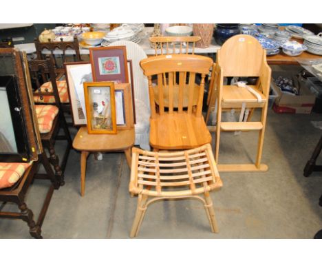 Two Ercol stick back kitchen chairs; a pine slat back chair; a Loom chair; a wicker stool