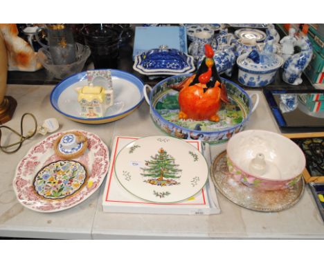 A Spode "Christmas Tree" cake plate; a silver plated tray; various other china