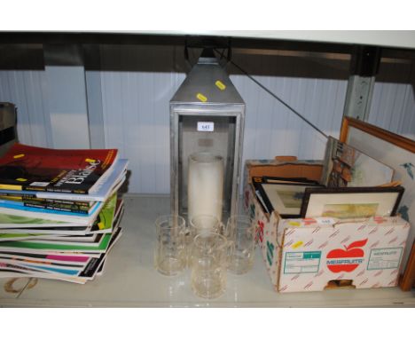 A candle lantern and various glass ware 