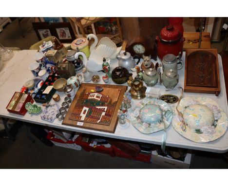 A miniature bagatelle board, a mantel clock, a Rumtoft jar and cover, a James Saddler teapot, carpet bowls etc.