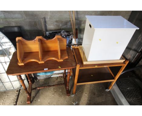 A wooden three tier corner shelf; painted wooden storage bin; two wooden trolleys etc.