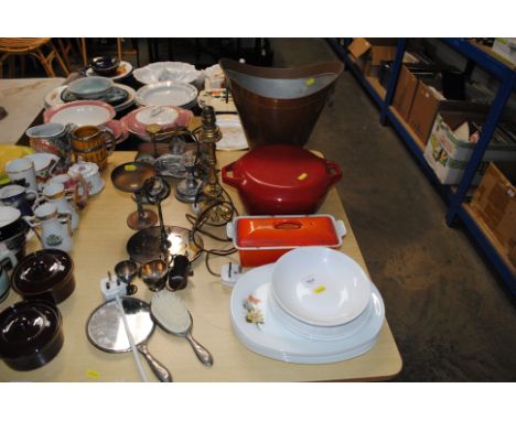 A Le Creuset dish and cover; Royal Worcester 'Snow' dinner ware; a Le Creuset style dish and cover; brass table lamp; postal 