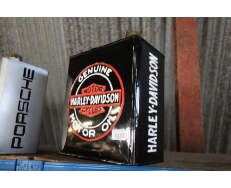 A painted metal 2 gallon fuel can named to Harley Davidson Motor Cycles (176)