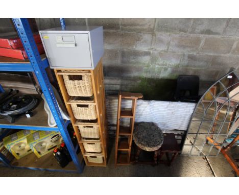 A metal Bisley small drawer filing cabinet; a wooden five tier wicker basket rack; a wall mounting shelf; a wooden framed sto