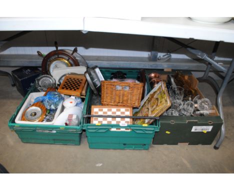 Three boxes containing various sundry items to include place mats, glass ware, barometer etc.