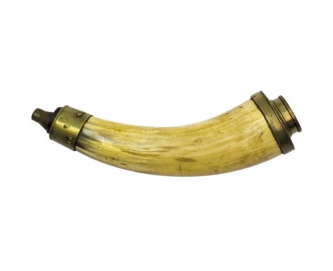 A horn priming or powder flask of Baker type, the polished horn body with brass end cap with threaded filler cap, the nozzle 