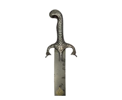 A Pulwar hilted Shamshir with wootz steel blade, 74cm sharply curved fullered blade chiselled with one shallow and one broad 