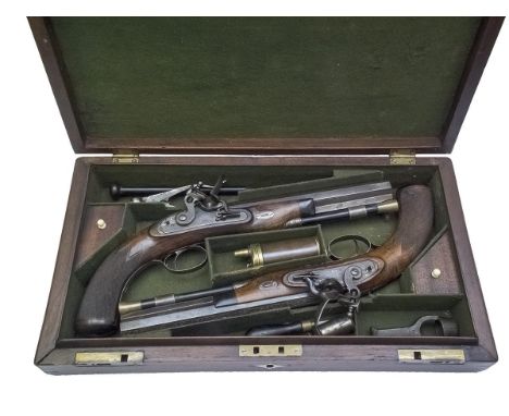A cased pair of 17-bore flintlock duelling pistols by Hollis & Sons, 9inch sighted octagonal barrels etched with panels of vi