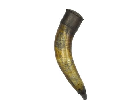 A large Russian scrimshaw powder horn, 48cm over all length and of natural form, decorated with a compass, the ship Rostislav
