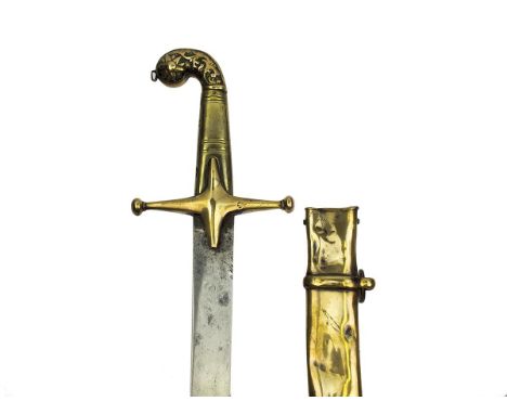 A Shamshir, 71cm sharply curved blade with clipped back point, characteristic brass hilt embossed with a flower head at the p