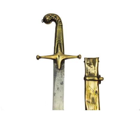 A Shamshir, 71cm sharply curved blade with clipped back point, characteristic brass hilt embossed with a flower head at the p