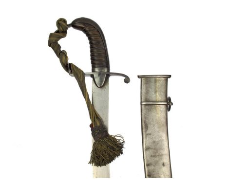 A Georgian Light Company Officer's sabre by Prosser, 71.5cm sharply curved blade, regulation steel stirrup hilt, ribbed woode