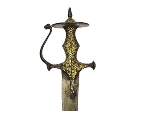 A 19th Century Tulwar with gold koftgari hilt, 80cm curved blade, characteristic hilt decorated with panels of scrolling foli