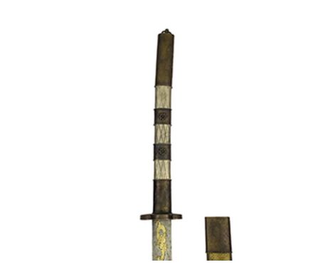 A large 20th Century Chinese sword, 63cm fullered damascus blade pierced and inset with copper and brass circles and calligra