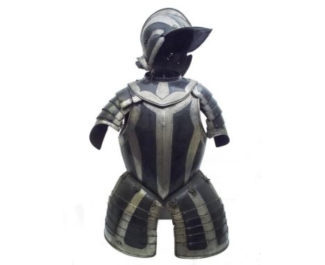 A late 16th or early 17th Century composite German Black and White field armour, comprising burgonet with two-piece skull ris