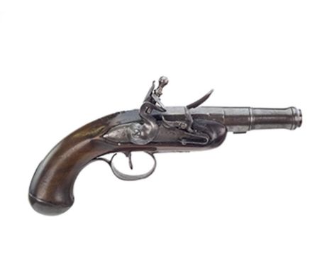 A 54-bore flintlock cannon barrelled Queen Anne pistol, 2.5inch three-stage turn-off barrel, bevelled lock, half stocked with