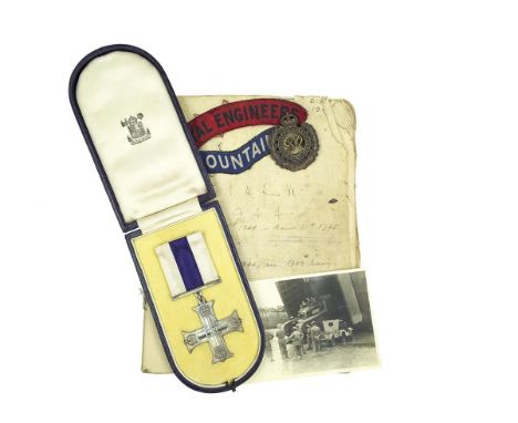 Military cross and archive to Lt  S. C. M. Malenoir Vickers 240th Field Company Royal Engineers, comprising cased MC dated 19